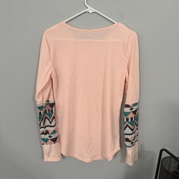 WANGMEICHENG Long Sleeve Tee Shirt w/ Aztec Print Pocket & Panels Size Large - Picture 2 of 7
